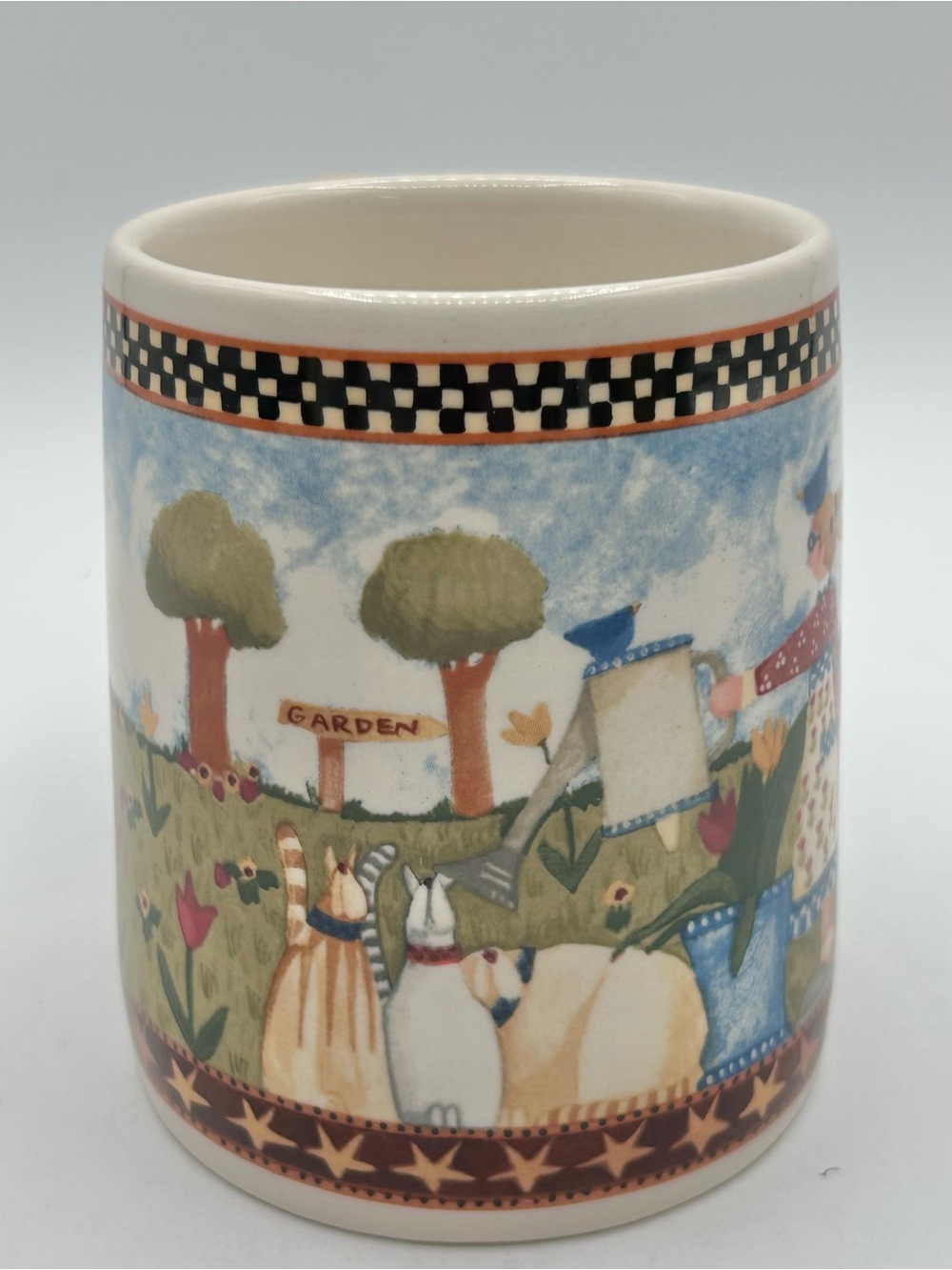 Williraye Studio Girl Watering Cats Mug Ceramic Sunflowers Bluebirds 12 oz